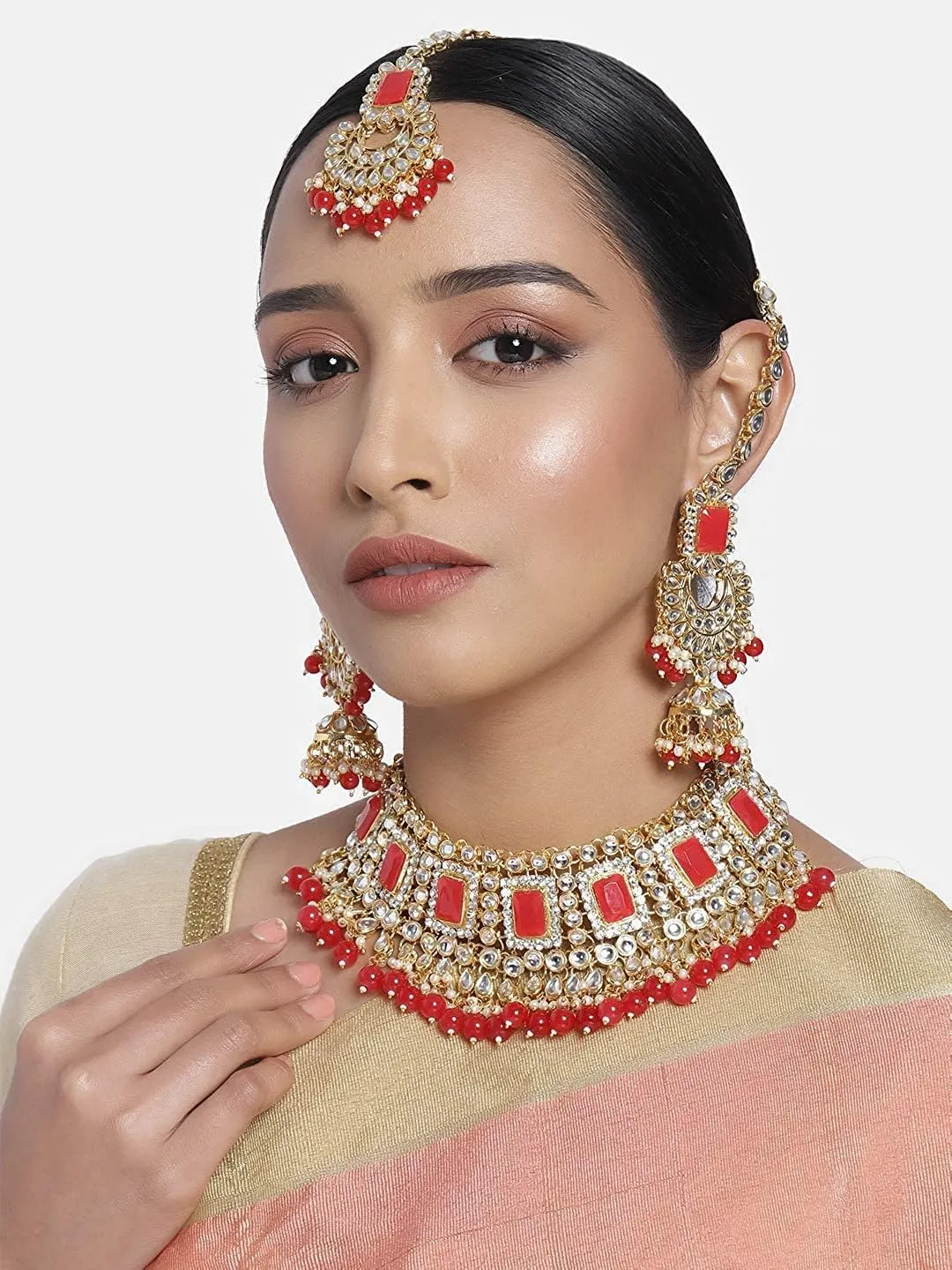 I Jewels Elegant Indian Wedding Faux Bollywood Pearl Kundan Studded Bridal Necklace Set