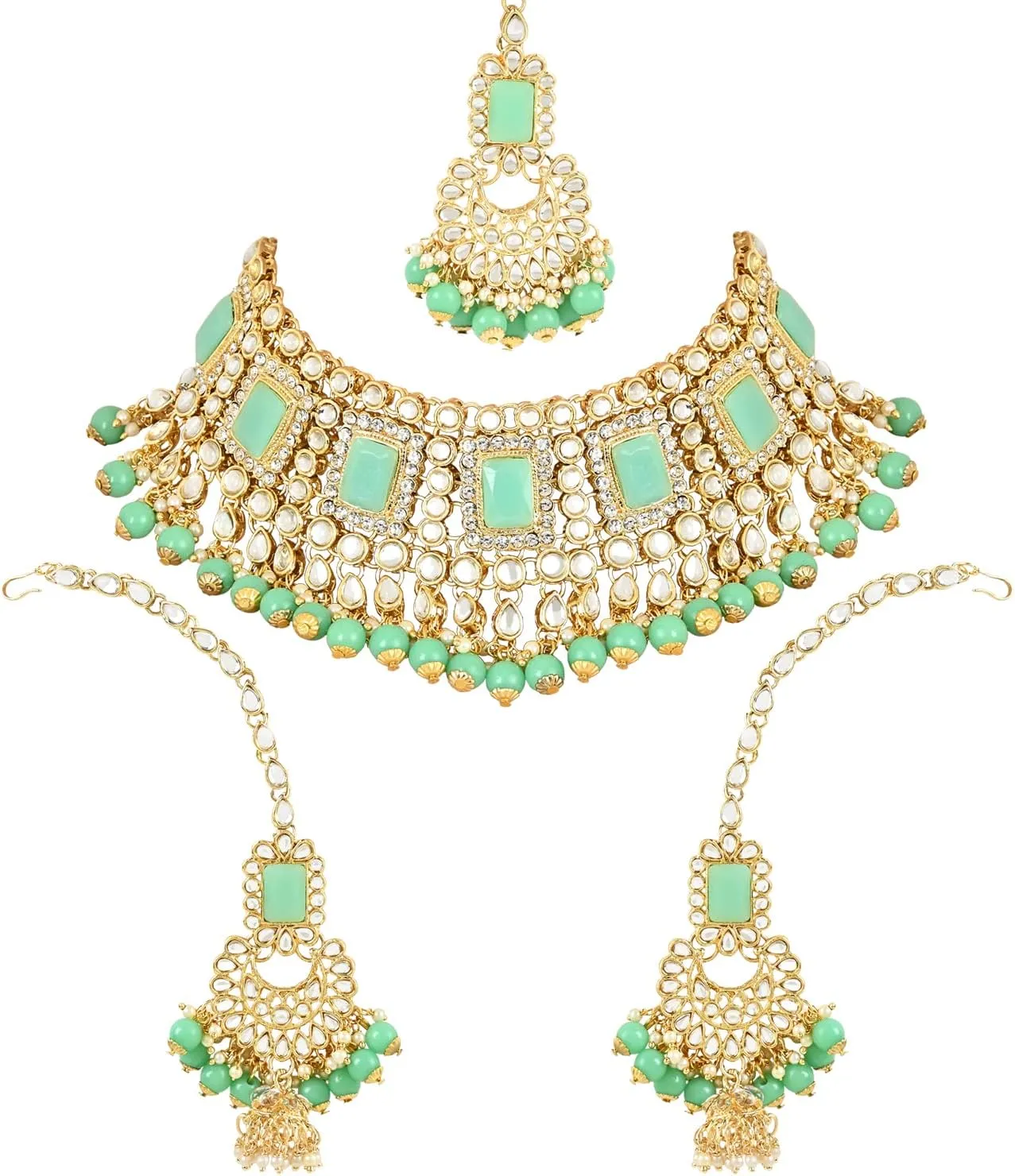 I Jewels Elegant Indian Wedding Faux Bollywood Pearl Kundan Studded Bridal Necklace Set