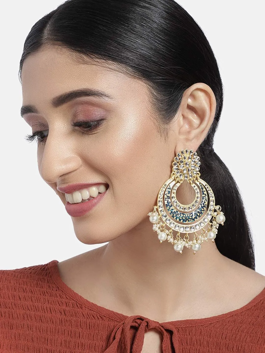 I Jewels High Gold Matt Finish Plated Big Chandbali Handmade Royal Blue Enamel/Meenakari Kundan & Pearl Earrings for Women