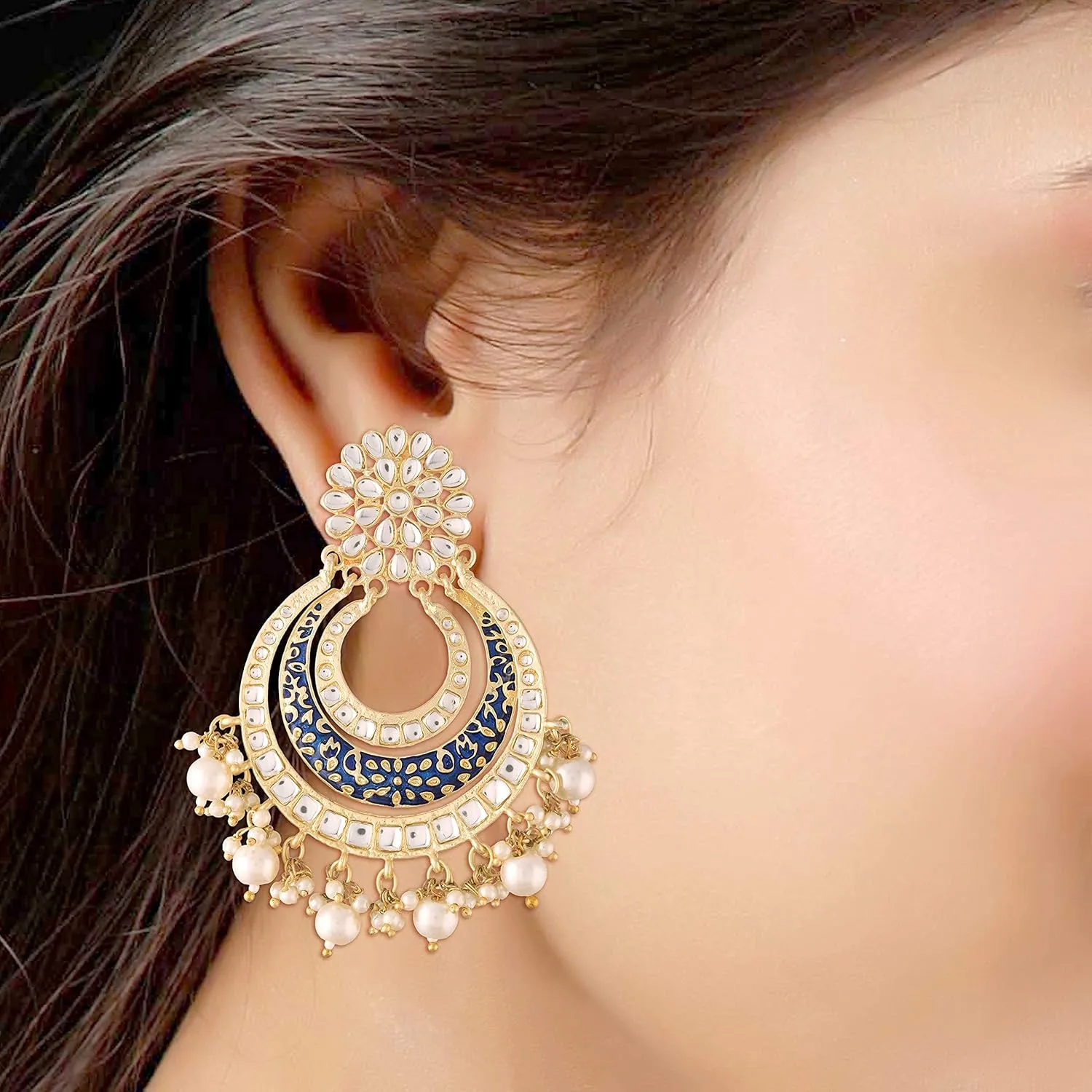 I Jewels High Gold Matt Finish Plated Big Chandbali Handmade Royal Blue Enamel/Meenakari Kundan & Pearl Earrings for Women