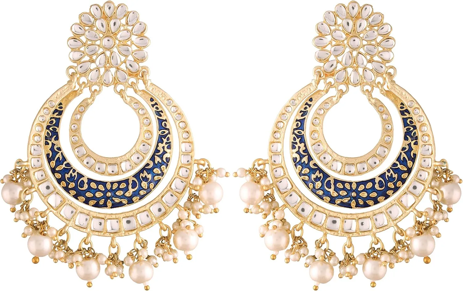 I Jewels High Gold Matt Finish Plated Big Chandbali Handmade Royal Blue Enamel/Meenakari Kundan & Pearl Earrings for Women