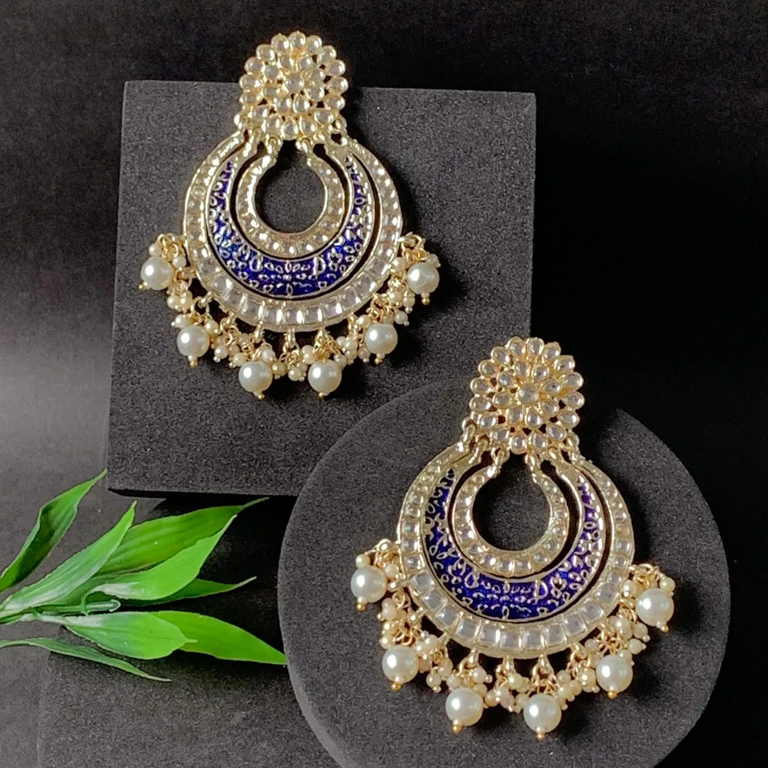 I Jewels High Gold Matt Finish Plated Big Chandbali Handmade Royal Blue Enamel/Meenakari Kundan & Pearl Earrings for Women