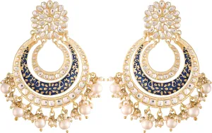 I Jewels High Gold Matt Finish Plated Big Chandbali Handmade Royal Blue Enamel/Meenakari Kundan & Pearl Earrings for Women