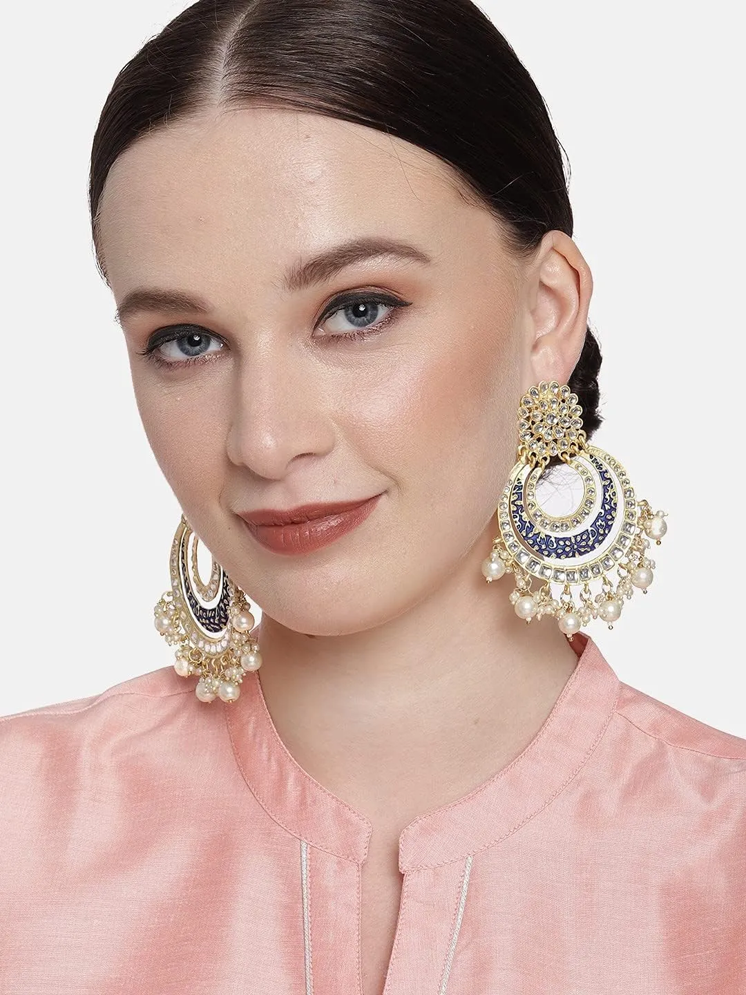 I Jewels High Gold Matt Finish Plated Big Chandbali Handmade Royal Blue Enamel/Meenakari Kundan & Pearl Earrings for Women