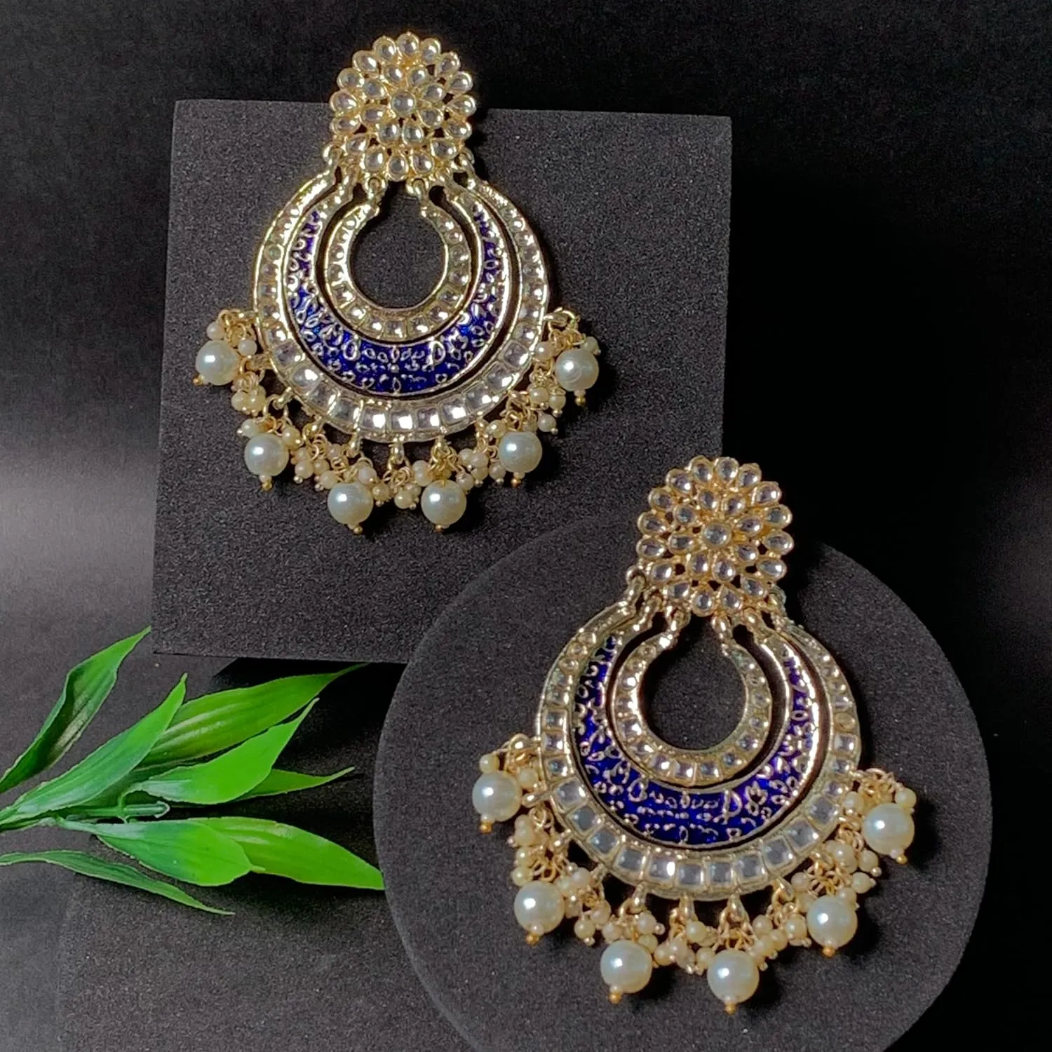 I Jewels High Gold Matt Finish Plated Big Chandbali Handmade Royal Blue Enamel/Meenakari Kundan & Pearl Earrings for Women
