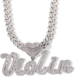 Iced Out Custom Heart Bail Name Plate Necklace Bling Baguettes Cubic Zirconia Letters Necklaces Pendants for Women with Cuban Link Chain Personalized Jewelry for Birthday Party