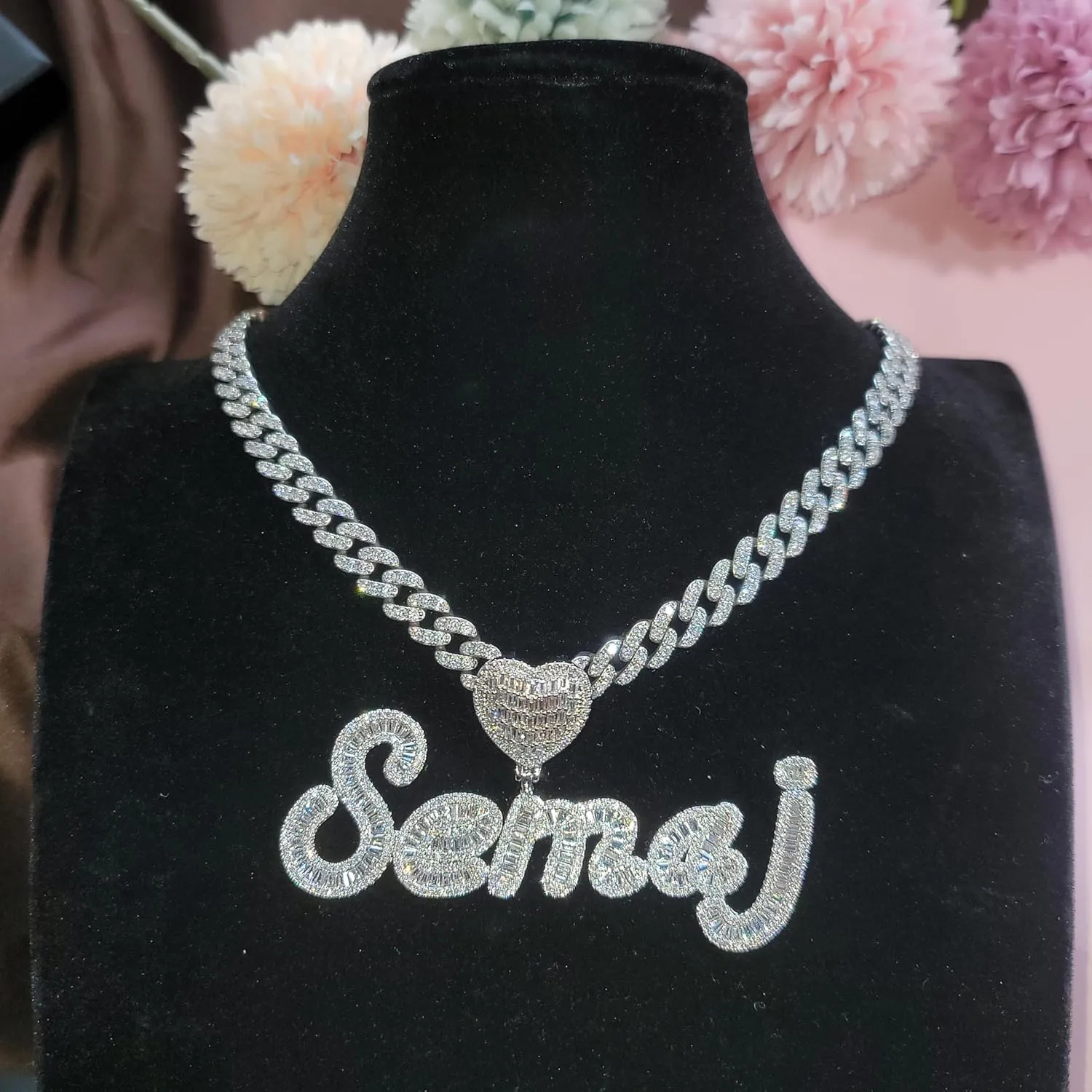 Iced Out Custom Heart Bail Name Plate Necklace Bling Baguettes Cubic Zirconia Letters Necklaces Pendants for Women with Cuban Link Chain Personalized Jewelry for Birthday Party