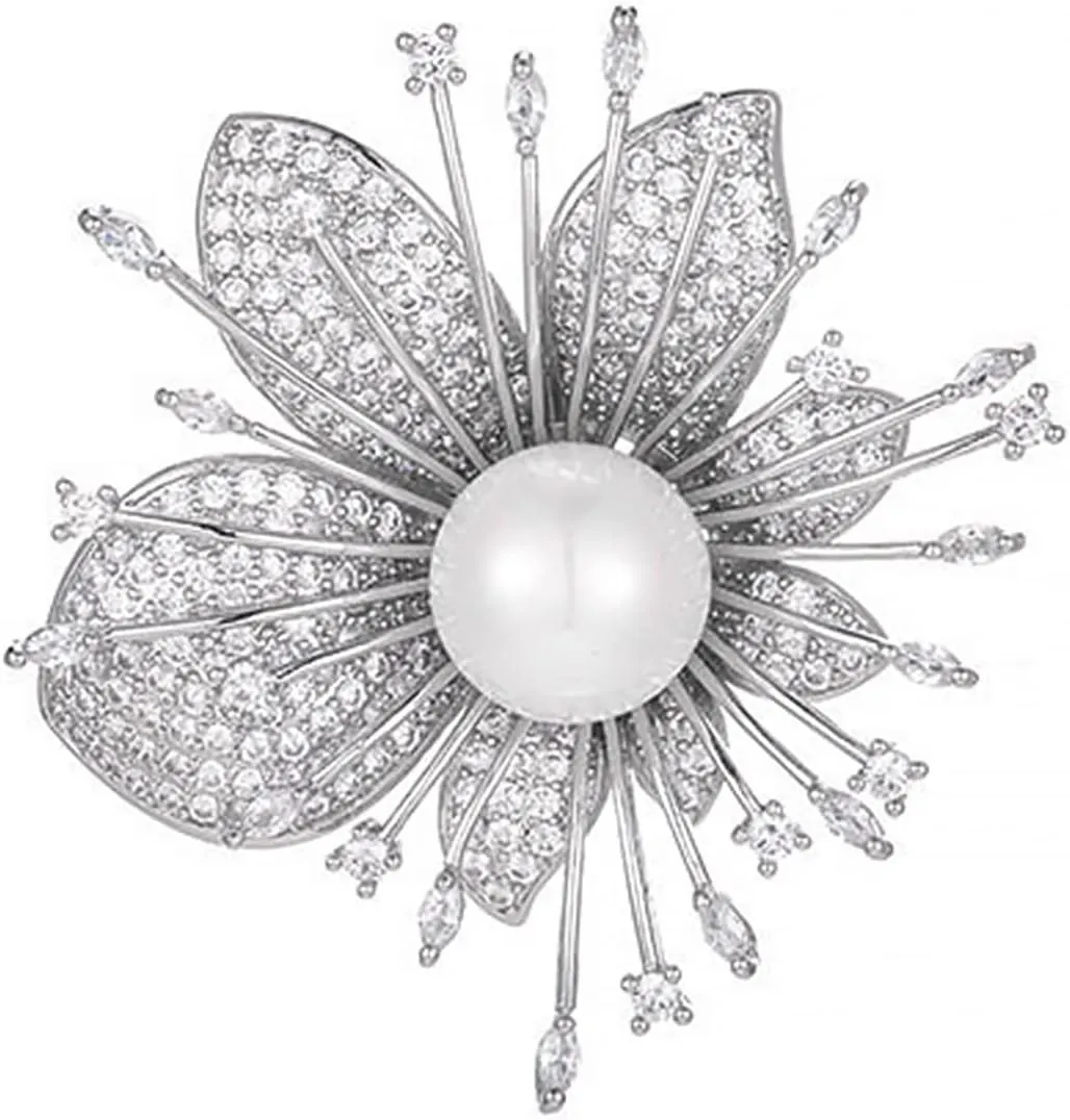 Imitation Pearl Brooch Pins for Women Fashion Elegant Flower Brooch Broach Ladies Jewelry Gift (Silver)
