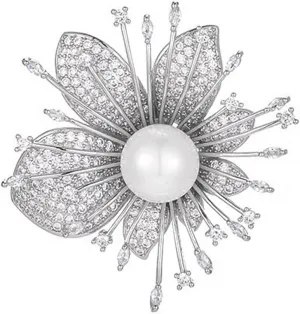 Imitation Pearl Brooch Pins for Women Fashion Elegant Flower Brooch Broach Ladies Jewelry Gift (Silver)