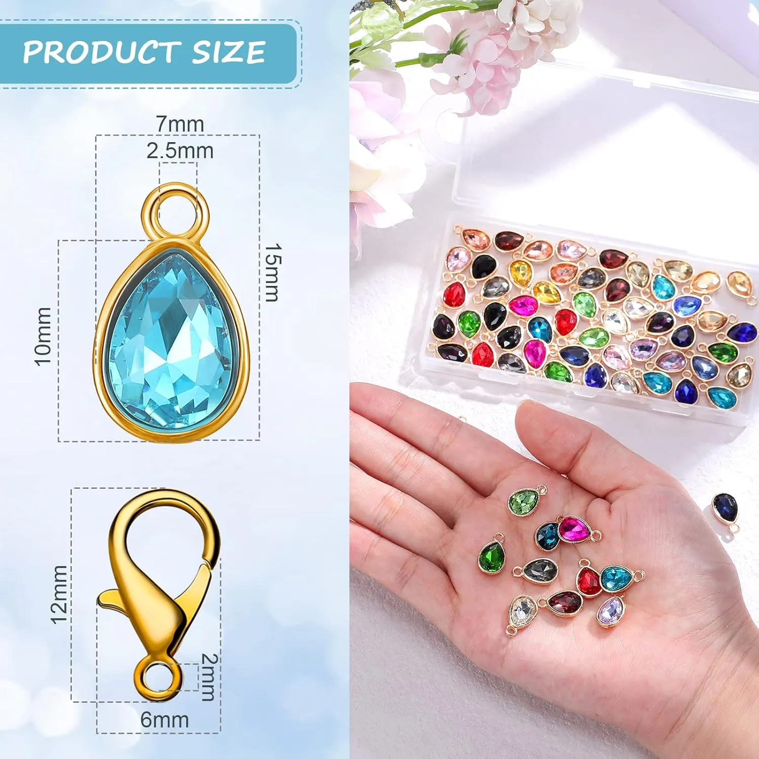 Inbagi 160 Pcs Crystal Birthstone Charms Beads Pendants and Lobster Claw Clasp Set, Teardrop Beads Dangle Bead Charms DIY Water Drop Jewelry Findings for Jewelry Making Necklaces, 20 Colors (Gold)