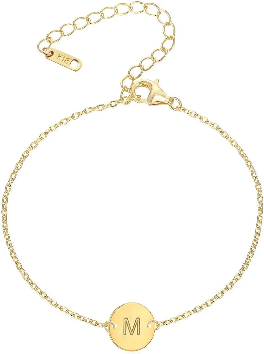 Initial Charm Bracelets 18K Gold Plated Stainless Steel Dainty Small Round Coin Disc Initial Bracelet Engraved Letters Personalized Name Bracelet for Women