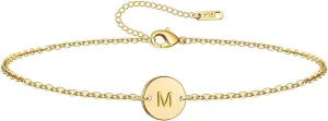 Initial Charm Bracelets 18K Gold Plated Stainless Steel Dainty Small Round Coin Disc Initial Bracelet Engraved Letters Personalized Name Bracelet for Women