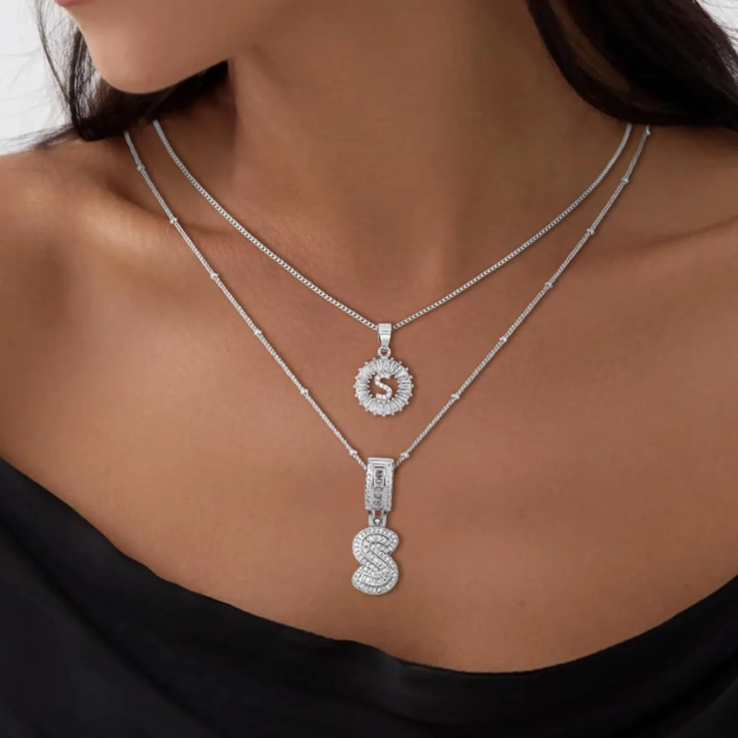 Initial Letter Necklace for Women 14k Silver Plated Dainty Necklaces Trendy Chunky Custom Layered Necklace Set Personalized Round Circle Zirconia A-Z Letter Chain Pendant Jewelry Gift