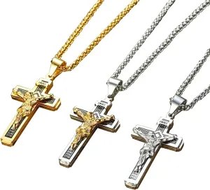 Initial Necklace, Necklace Stainless Steel Gold Cross Jesus Pendant Necklaces Length 60CM Jewelry Gift for Mom Women