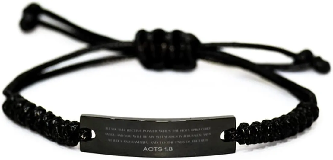 Inspirational Acts 1:8 Christian Black Rop Bracelet Encouragement Gifts Message Prayer Acts 1:8 Religious Bracelets for Women Men Acts 1:8 Bible Verse Faith Adjustable Engraved Bracelet But You Will