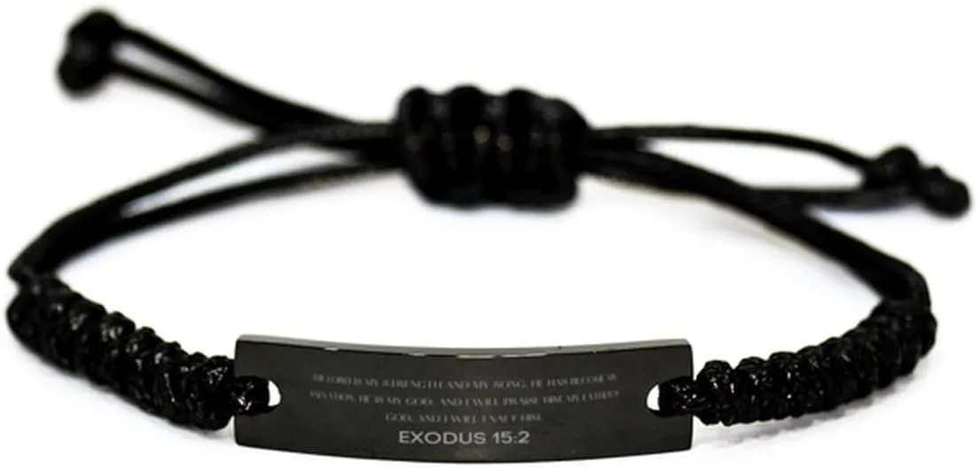 Inspirational Exodus 15:2 Christian Black Rop Bracelet Encouragement Gifts Message Prayer Exodus 15:2 Religious Bracelets for Women Men Exodus 15:2 Bible Verse Faith Adjustable Engraved Bracelet