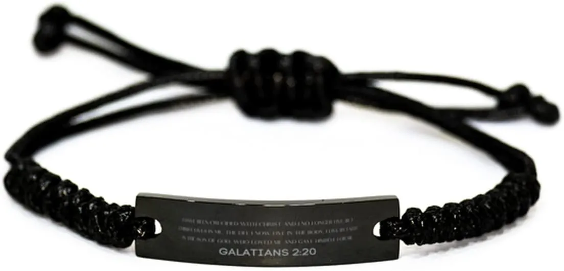 Inspirational Galatians 2:20 Christian Black Rop Bracelet Encouragement Gifts Message Prayer Galatians 2:20 Religious Bracelets for Women Men Galatians 2:20 Bible Verse Faith Adjustable Engraved