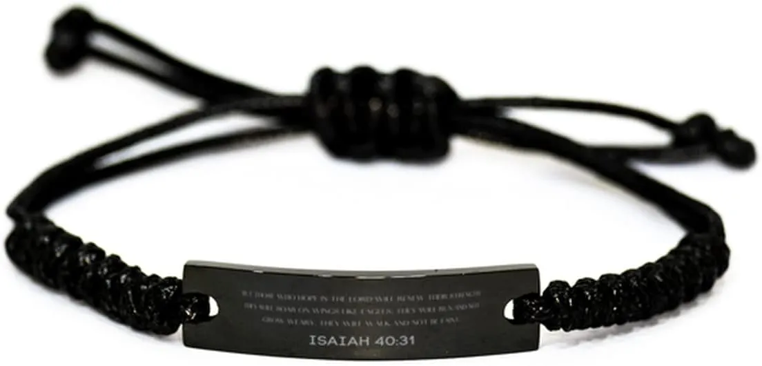 Inspirational Isaiah 40:31 Christian Black Rop Bracelet Encouragement Gifts Message Prayer Isaiah 40:31 Religious Bracelets for Women Men Isaiah 40:31 Bible Verse Faith Adjustable Engraved Bracelet
