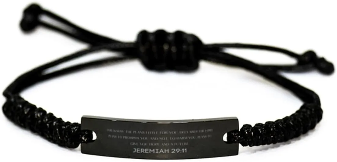 Inspirational Jeremiah 29:11 Christian Black Rop Bracelet Encouragement Gifts Message Prayer Jeremiah 29:11 Religious Bracelets for Women Men Jeremiah 29:11 Bible Verse Faith Adjustable Engraved