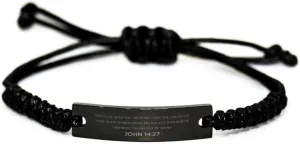 Inspirational John 14:27 Christian Black Rop Bracelet Encouragement Gifts Message Prayer John 14:27 Religious Bracelets for Women Men John 14:27 Bible Verse Faith Adjustable Engraved Bracelet Peace I