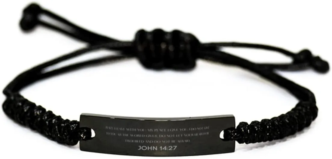 Inspirational John 14:27 Christian Black Rop Bracelet Encouragement Gifts Message Prayer John 14:27 Religious Bracelets for Women Men John 14:27 Bible Verse Faith Adjustable Engraved Bracelet Peace I