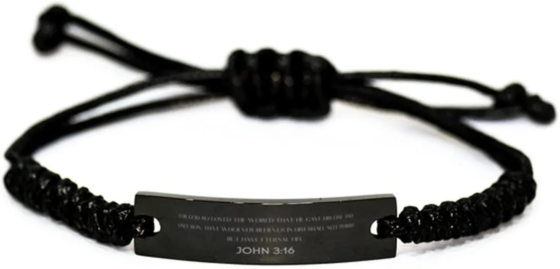 Inspirational John 3:16 Christian Black Rop Bracelet Encouragement Gifts Message Prayer John 3:16 Religious Bracelets for Women Men John 3:16 Bible Verse Faith Adjustable Engraved Bracelet for God so