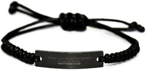 Inspirational Matthew 11:28 Christian Black Rop Bracelet Encouragement Gifts Message Prayer Matthew 11:28 Religious Bracelets for Women Men Matthew 11:28 Bible Verse Faith Adjustable Engraved Bracelet