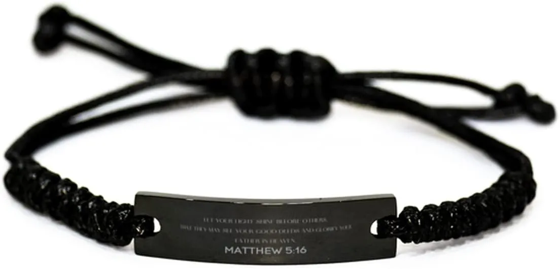 Inspirational Matthew 5:16 Christian Black Rop Bracelet Encouragement Gifts Message Prayer Matthew 5:16 Religious Bracelets for Women Men Matthew 5:16 Bible Verse Faith Adjustable Engraved Bracelet