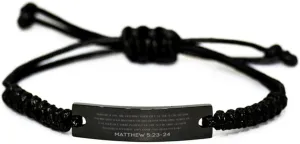 Inspirational Matthew 5:23-24 Christian Black Rop Bracelet Encouragement Gifts Message Prayer Matthew 5:23-24 Religious Bracelets for Women Men Matthew 5:23-24 Bible Verse Faith Adjustable Engraved
