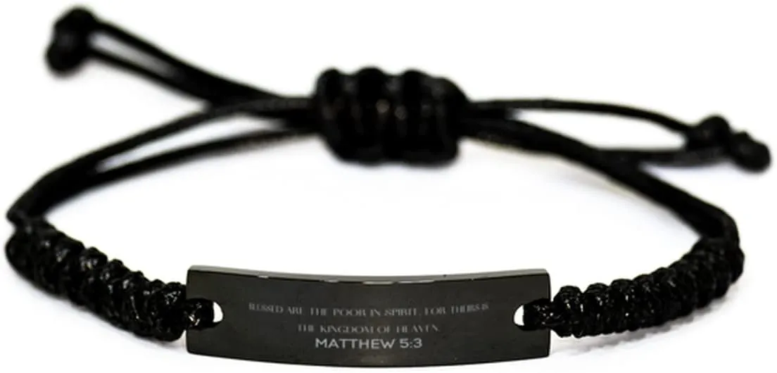 Inspirational Matthew 5:3 Christian Black Rop Bracelet Encouragement Gifts Message Prayer Matthew 5:3 Religious Bracelets for Women Men Matthew 5:3 Bible Verse Faith Adjustable Engraved Bracelet