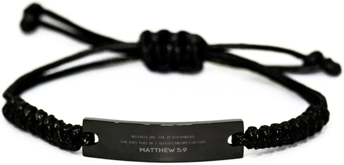 Inspirational Matthew 5:9 Christian Black Rop Bracelet Encouragement Gifts Message Prayer Matthew 5:9 Religious Bracelets for Women Men Matthew 5:9 Bible Verse Faith Adjustable Engraved Bracelet