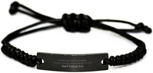Inspirational Matthew 5:9 Christian Black Rop Bracelet Encouragement Gifts Message Prayer Matthew 5:9 Religious Bracelets for Women Men Matthew 5:9 Bible Verse Faith Adjustable Engraved Bracelet