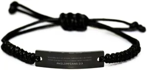 Inspirational Philippians 2:3 Christian Black Rop Bracelet Encouragement Gifts Message Prayer Philippians 2:3 Religious Bracelets for Women Men Philippians 2:3 Bible Verse Faith Adjustable Engraved