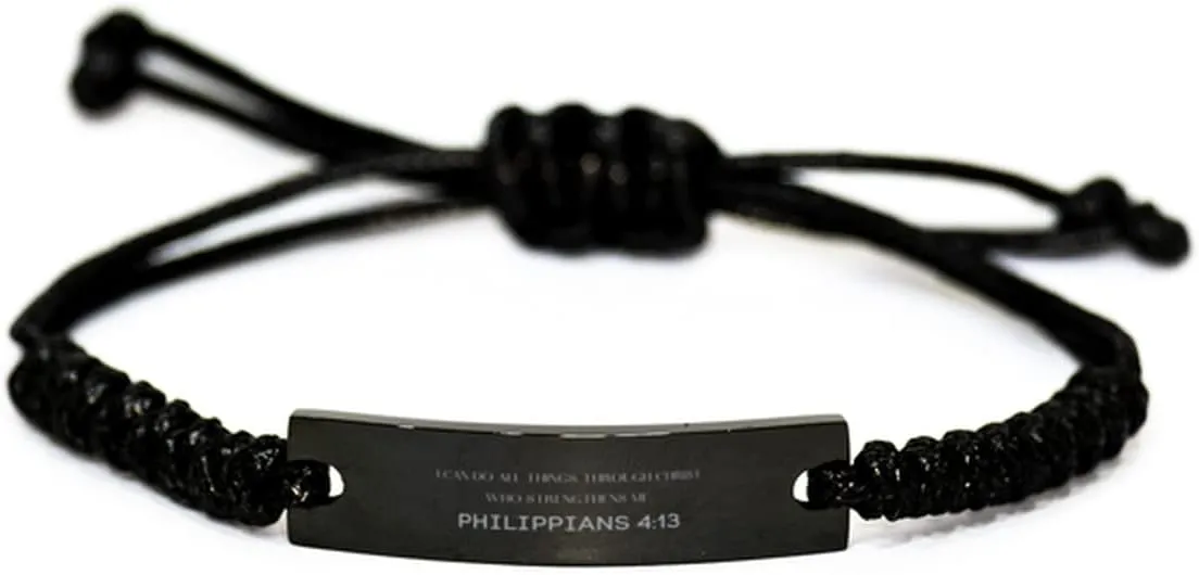 Inspirational Philippians 4:13 Christian Black Rop Bracelet Encouragement Gifts Message Prayer Philippians 4:13 Religious Bracelets for Women Men Philippians 4:13 Bible Verse Faith Adjustable Engraved