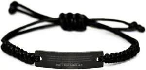 Inspirational Philippians 4:8 Christian Black Rop Bracelet Encouragement Gifts Message Prayer Philippians 4:8 Religious Bracelets for Women Men Philippians 4:8 Bible Verse Faith Adjustable Engraved