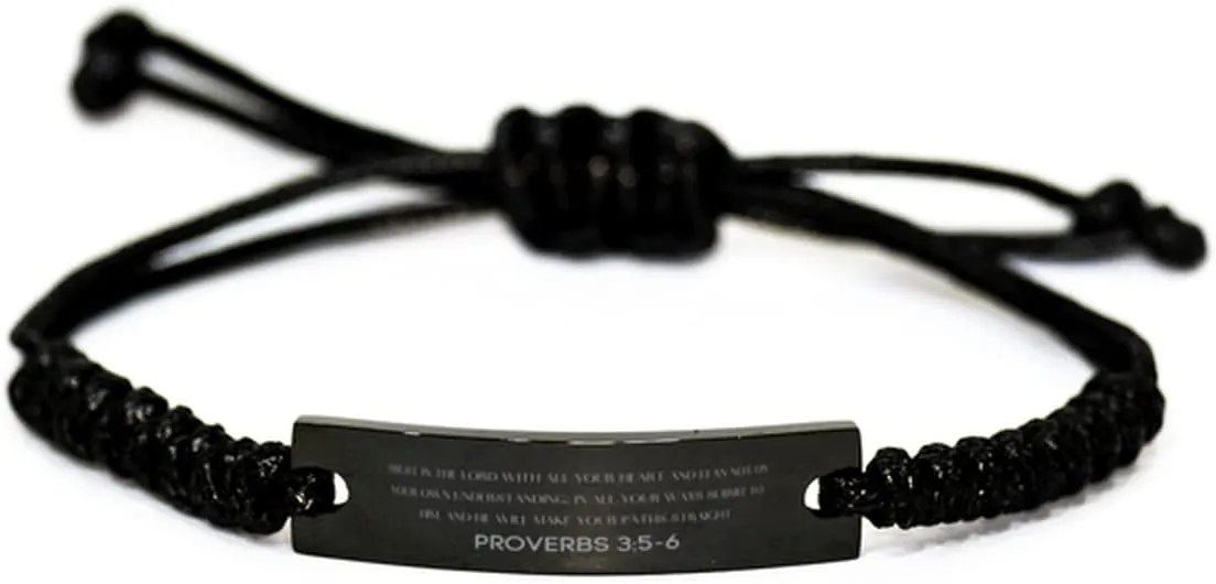 Inspirational Proverbs 3:5-6 Christian Black Rop Bracelet Encouragement Gifts Message Prayer Proverbs 3:5-6 Religious Bracelets for Women Men Proverbs 3:5-6 Bible Verse Faith Adjustable Engraved