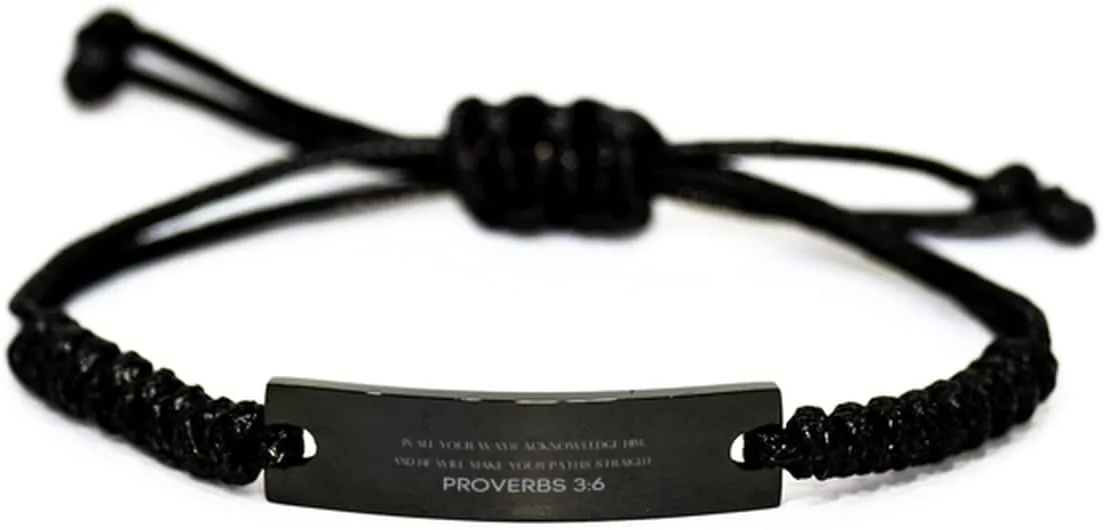 Inspirational Proverbs 3:6 Christian Black Rop Bracelet Encouragement Gifts Message Prayer Proverbs 3:6 Religious Bracelets for Women Men Proverbs 3:6 Bible Verse Faith Adjustable Engraved Bracelet In