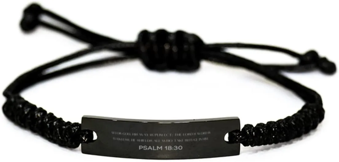 Inspirational Psalm 18:30 Christian Black Rop Bracelet Encouragement Gifts Message Prayer Psalm 18:30 Religious Bracelets for Women Men Psalm 18:30 Bible Verse Faith Adjustable Engraved Bracelet As