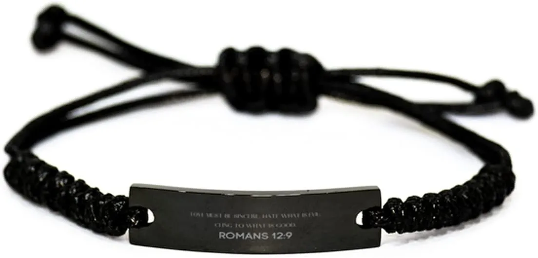Inspirational Romans 12:9 Christian Black Rop Bracelet Encouragement Gifts Message Prayer Romans 12:9 Religious Bracelets for Women Men Romans 12:9 Bible Verse Faith Adjustable Engraved Bracelet Love
