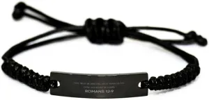 Inspirational Romans 12:9 Christian Black Rop Bracelet Encouragement Gifts Message Prayer Romans 12:9 Religious Bracelets for Women Men Romans 12:9 Bible Verse Faith Adjustable Engraved Bracelet Love