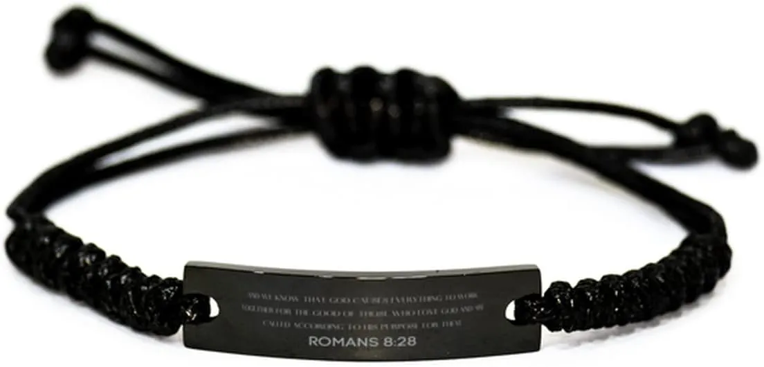Inspirational Romans 8:28 Christian Black Rop Bracelet Encouragement Gifts Message Prayer Romans 8:28 Religious Bracelets for Women Men Romans 8:28 Bible Verse Faith Adjustable Engraved Bracelet and