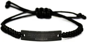 Inspirational Romans 8:28 Christian Black Rop Bracelet Encouragement Gifts Message Prayer Romans 8:28 Religious Bracelets for Women Men Romans 8:28 Bible Verse Faith Adjustable Engraved Bracelet and