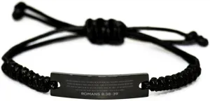 Inspirational Romans 8:38-39 Christian Black Rop Bracelet Encouragement Gifts Message Prayer Romans 8:38-39 Religious Bracelets for Women Men Romans 8:38-39 Bible Verse Faith Adjustable Engraved