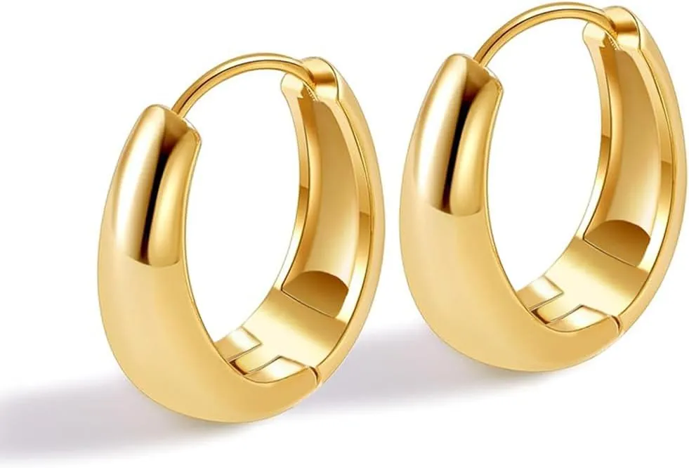 Jamboo Huggie Hoop Earrings,14K Gold Plated Lightweight Chunky, Hypoallergenic Small Round Design Trendy Gold Hoop Earrings