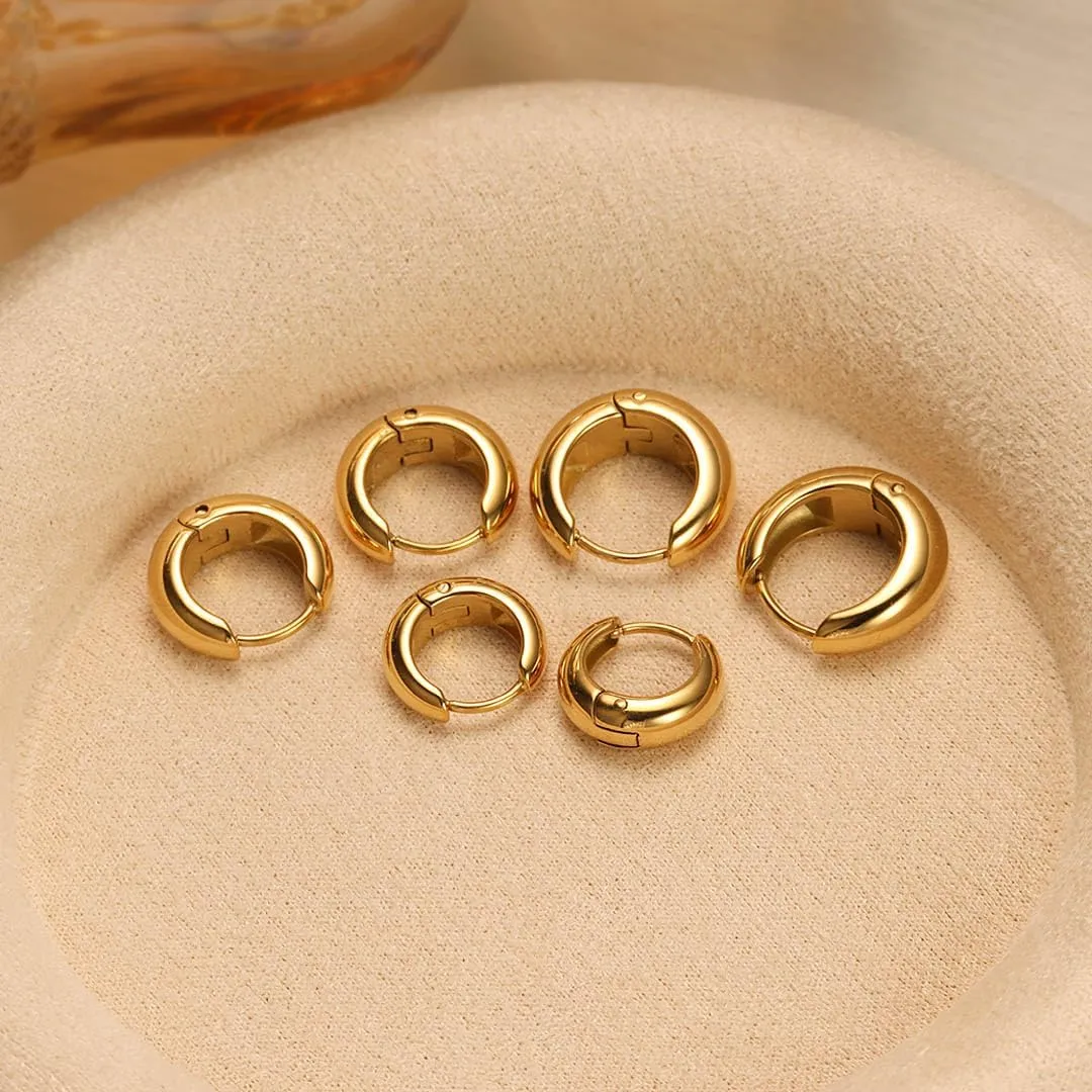 Jamboo Huggie Hoop Earrings,14K Gold Plated Lightweight Chunky, Hypoallergenic Small Round Design Trendy Gold Hoop Earrings