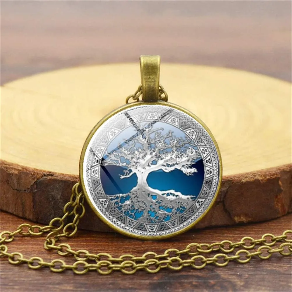 JczR.Y Celtic The Tree of Life Time Gem Neckalce Pendant Round Glass Necklaces for Women Birthday Gift