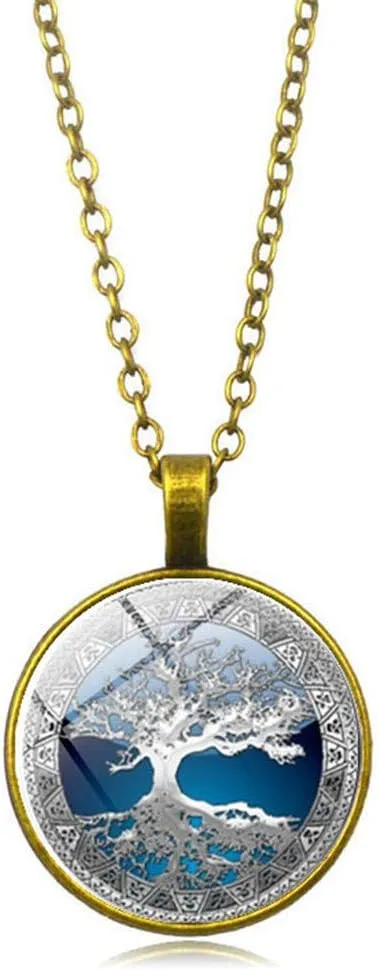 JczR.Y Celtic The Tree of Life Time Gem Neckalce Pendant Round Glass Necklaces for Women Birthday Gift