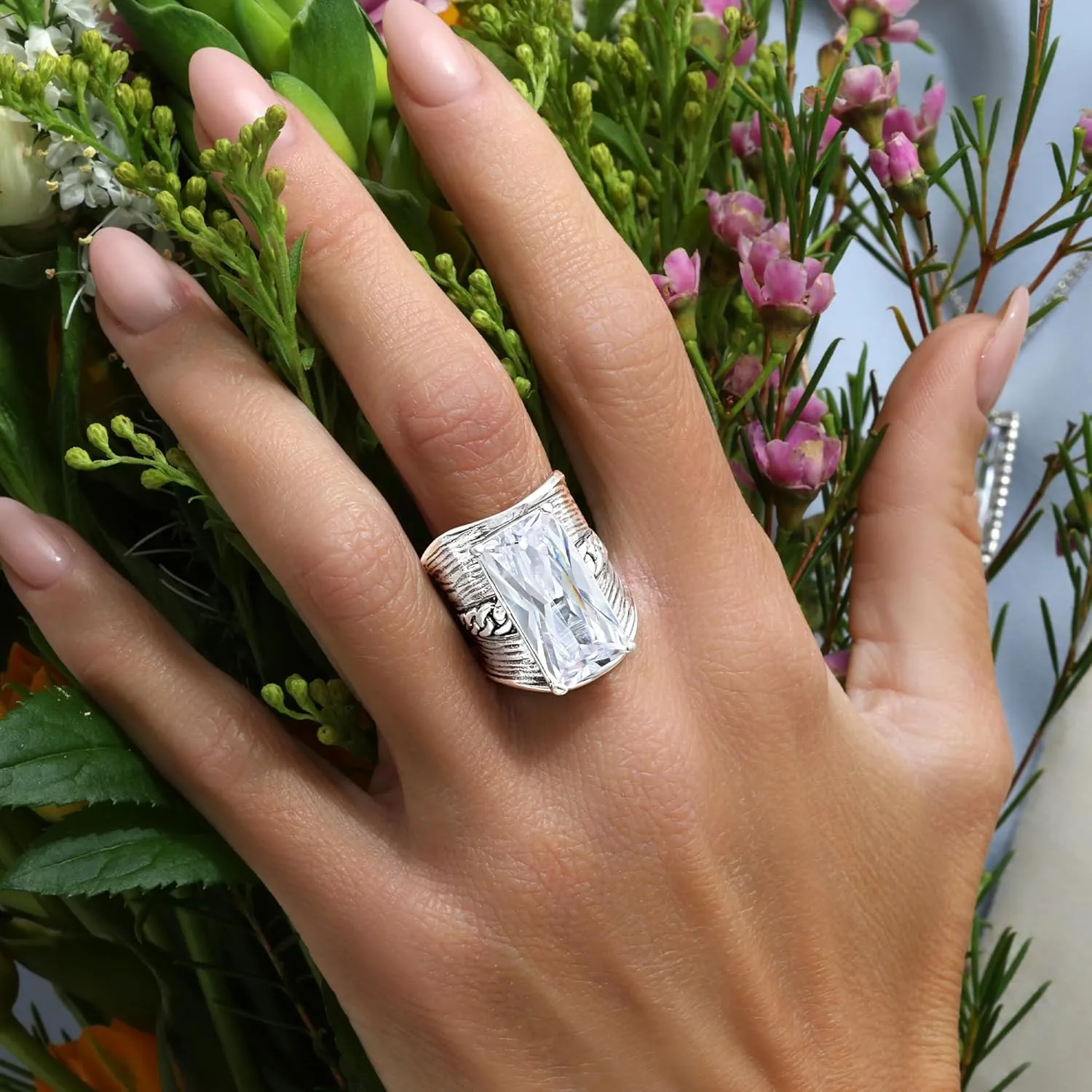 JEAN RACHEL JEWELRY 925 Sterling Silver Ring - Chain Shield with Baguette Cubic Zirconia Vintage Design - Hypoallergenic, Lead & Nickel Free - Artisan Handcrafted Statement Rings for Women