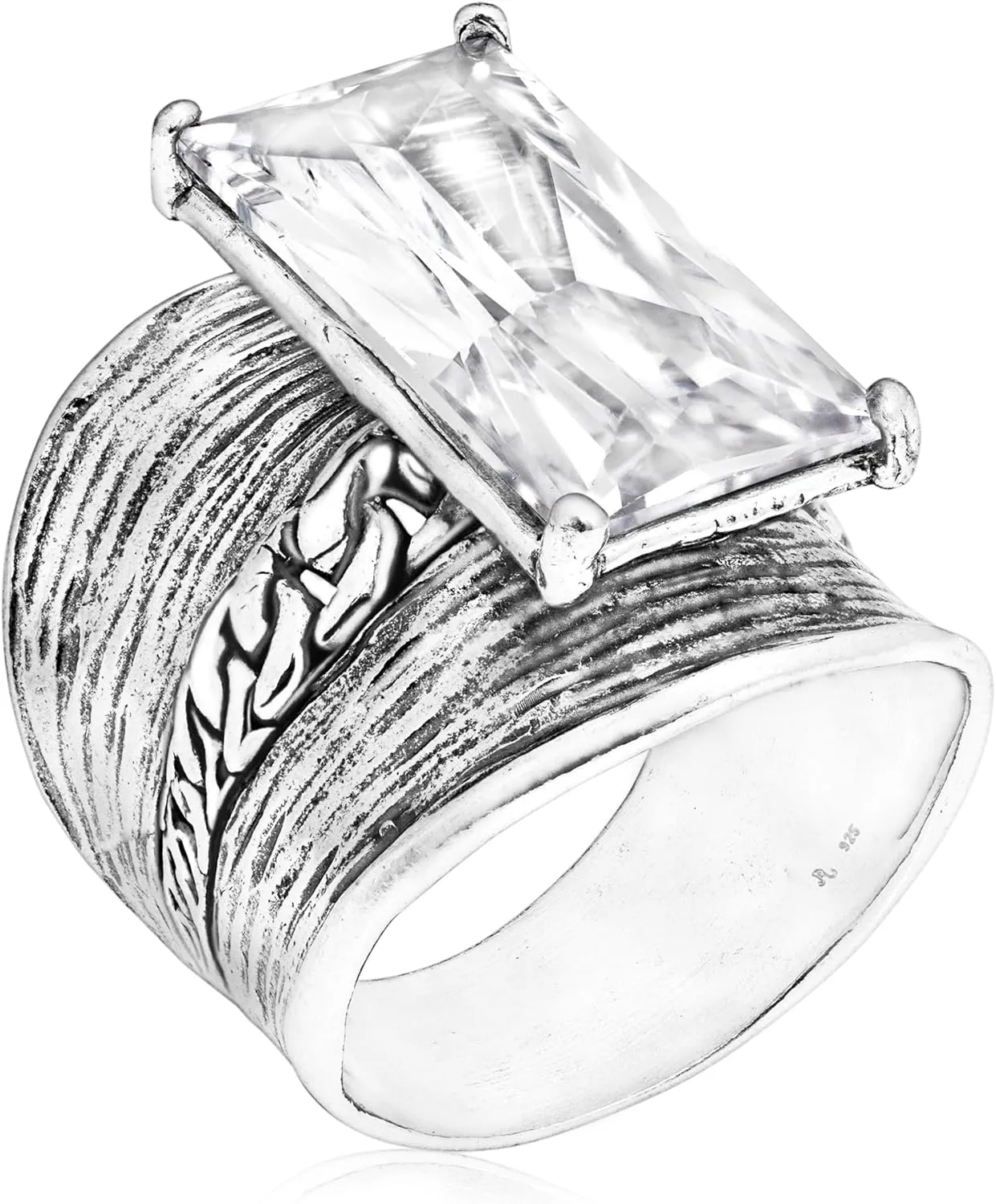 JEAN RACHEL JEWELRY 925 Sterling Silver Ring - Chain Shield with Baguette Cubic Zirconia Vintage Design - Hypoallergenic, Lead & Nickel Free - Artisan Handcrafted Statement Rings for Women