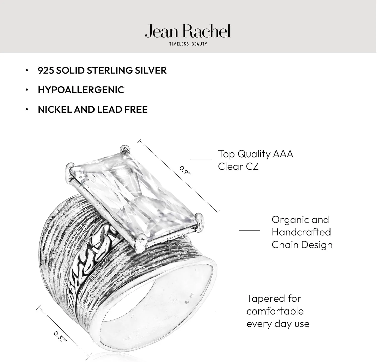 JEAN RACHEL JEWELRY 925 Sterling Silver Ring - Chain Shield with Baguette Cubic Zirconia Vintage Design - Hypoallergenic, Lead & Nickel Free - Artisan Handcrafted Statement Rings for Women